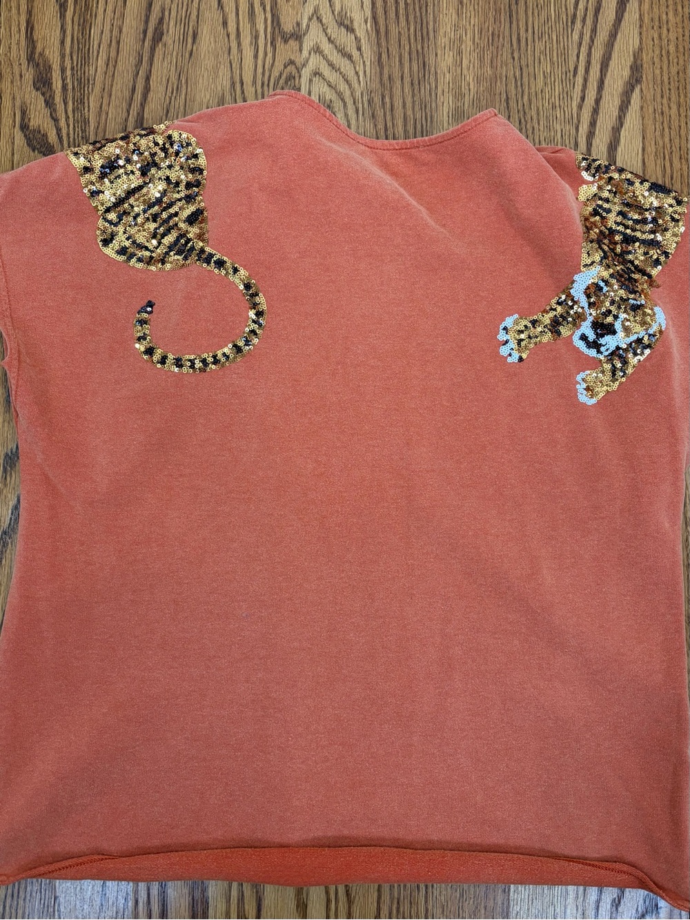 Tiger Sequin Patch Accent V-Neck Rust Short Sleeve Top (S) - Picture 5 of 10